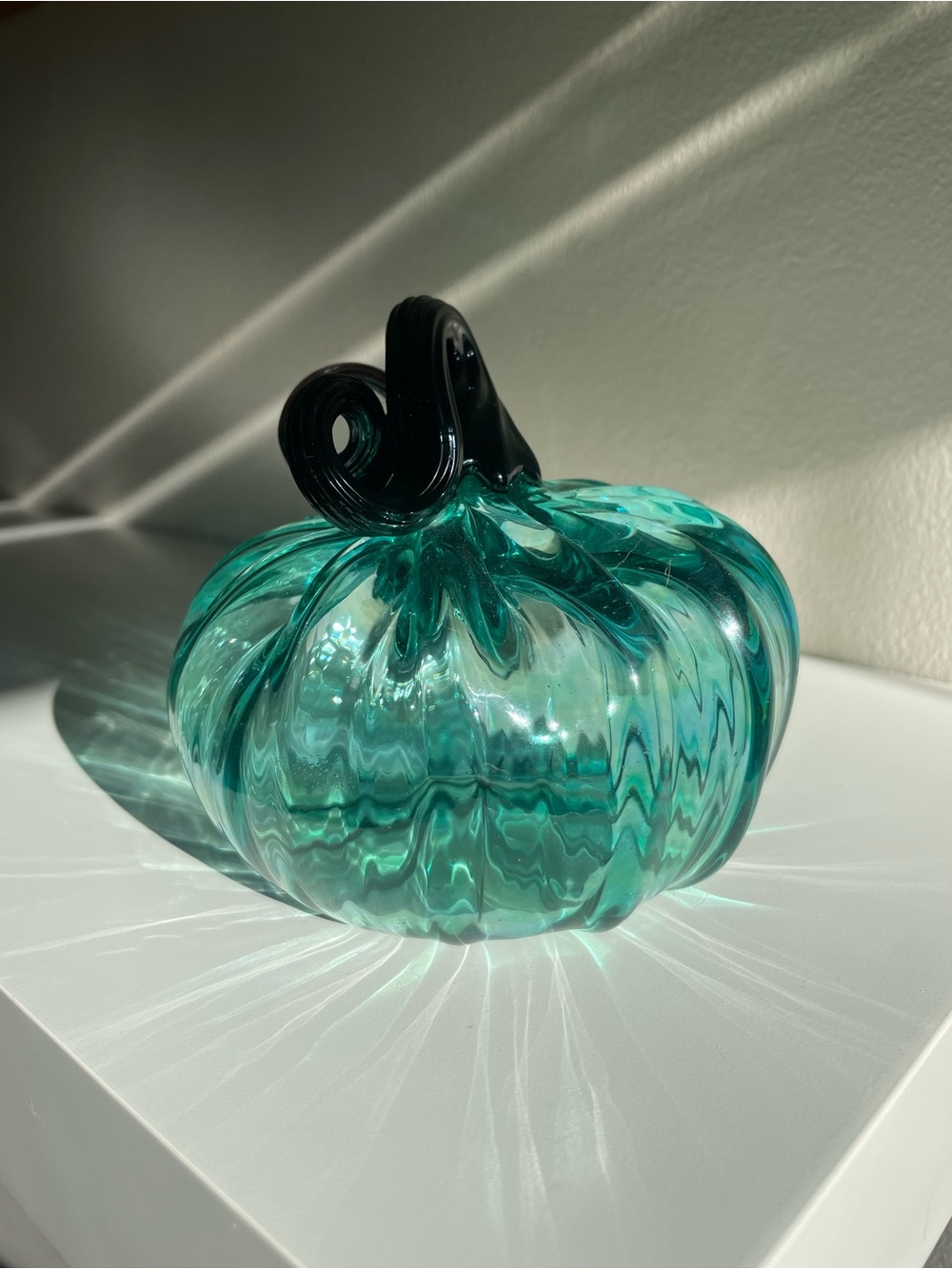 Teal Glass Pumpkin Sculpture with Dark Stem - Picture 4 of 12